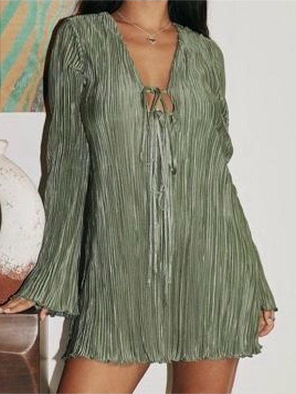Princess Polly Olive Green Pleated Tie-Front Dress